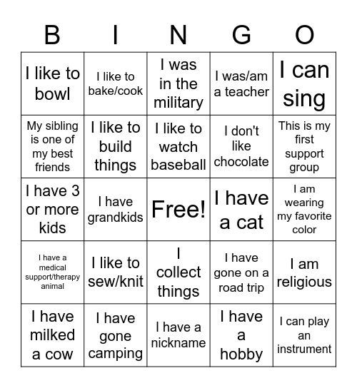 Getting to Know Each Other Support Group Bingo Card