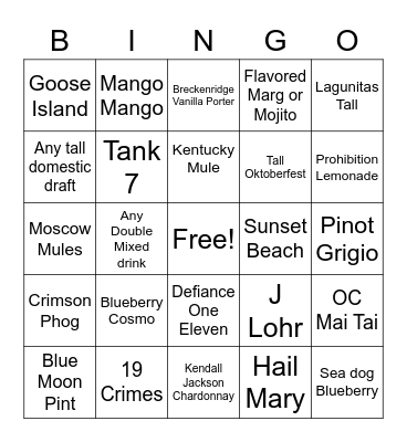 Bar Bingo Card