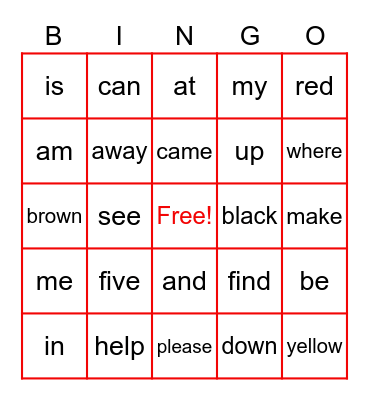 Sight Words Bingo Card