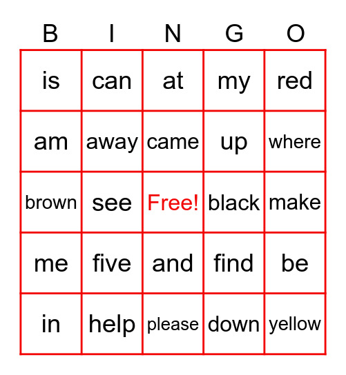 Sight Words Bingo Card