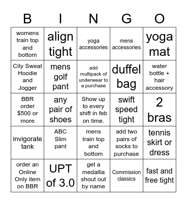 lululemon February bingo Card