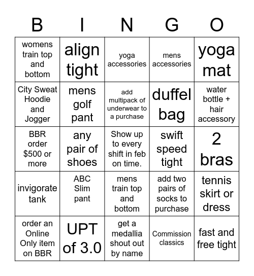 lululemon February bingo Card