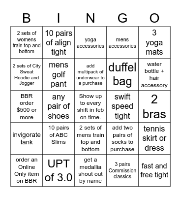 lululemon February bingo Card