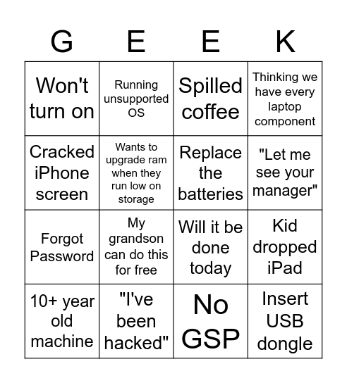 Geek Squad Problems Bingo Sheet Bingo Card