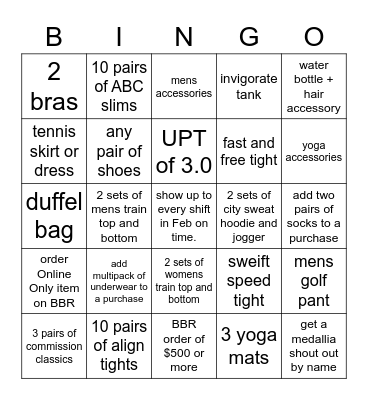 lululemon February bingo Card