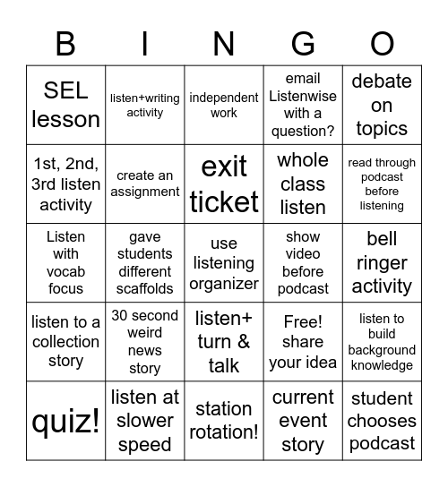 Listenwise Bingo Card