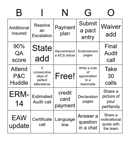 P&C Service Bingo Card