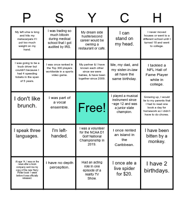PGY3&4 Psychiatry Resident Facts Bingo Card