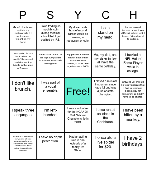 PGY3&4 Psychiatry Resident Facts Bingo Card