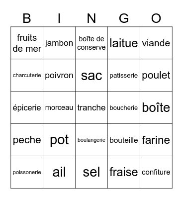 French 2 Food shopping review 1A Bingo Card