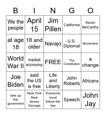 Citizenship Bingo Card