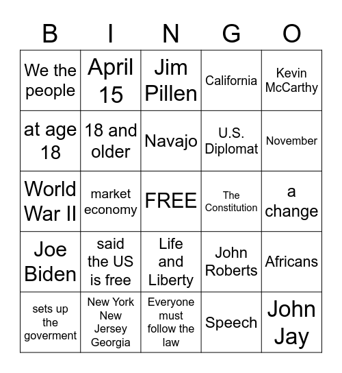 Citizenship Bingo Card