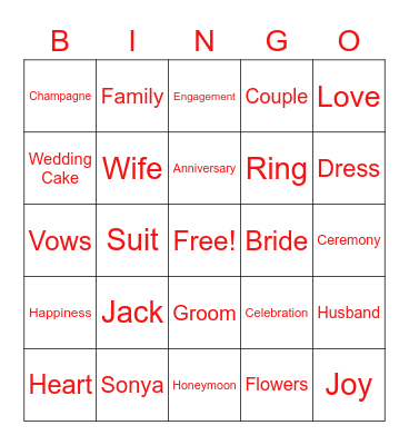 Jack and Sonya Bingo Card