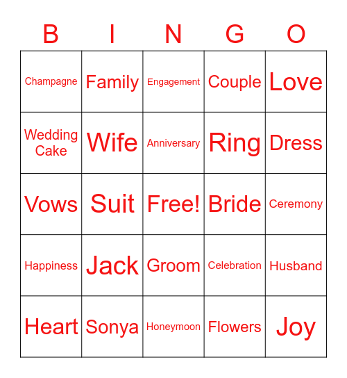 Jack and Sonya Bingo Card