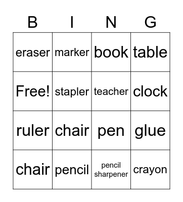 Classroom Object Bingo Card