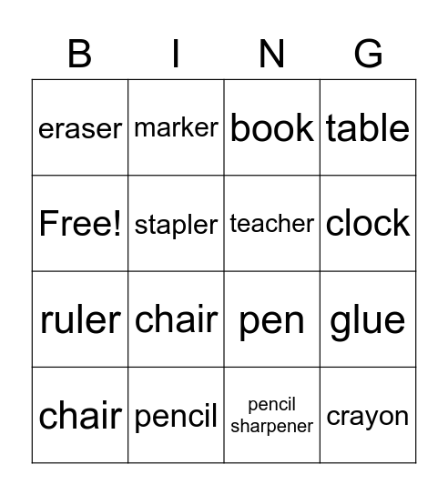 Classroom Object Bingo Card