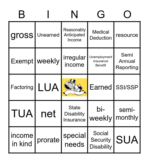 Income Terminology Bingo Card