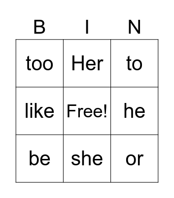 Heart Words Bingo Card