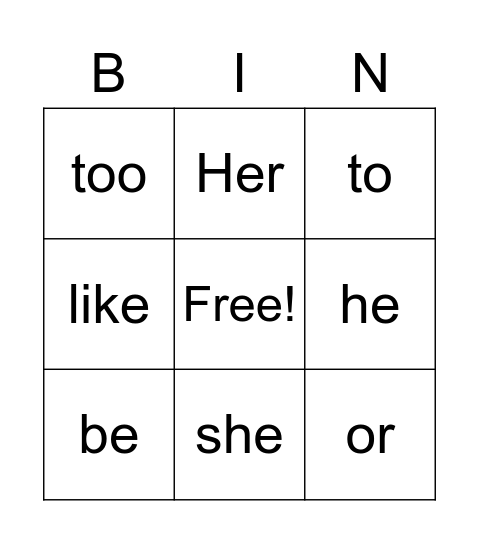 Heart Words Bingo Card