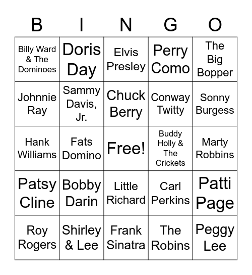 50's Music Bingo Card