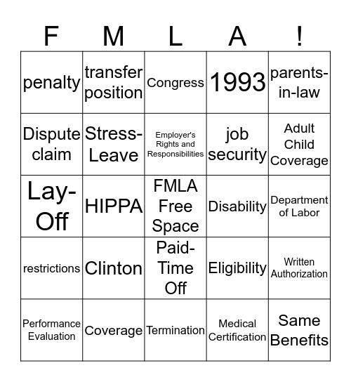 FMLA BINGO Card