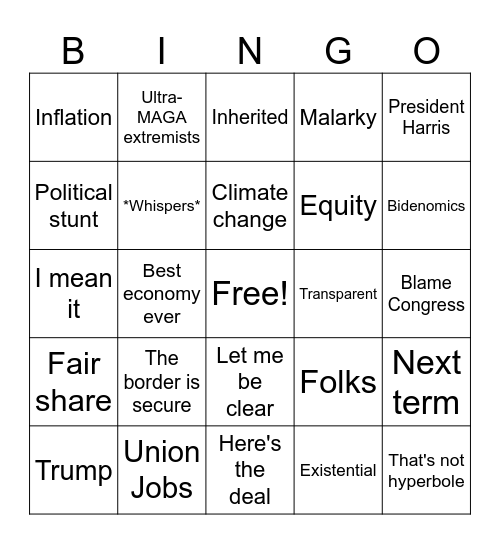 State of the Union 2024 Bingo Card