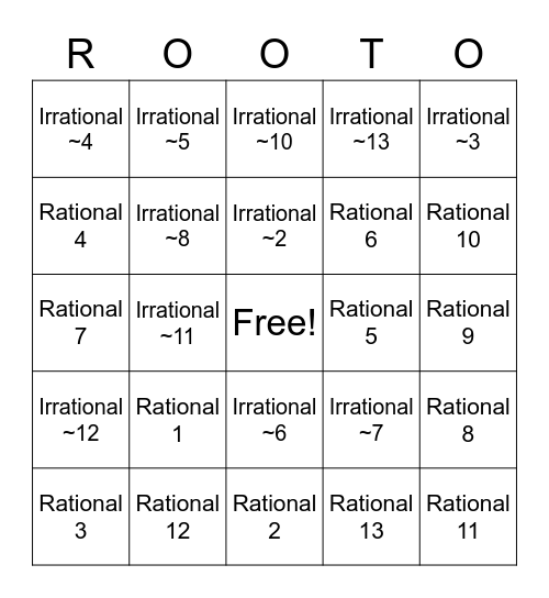 Rational or Irrational Bingo Card
