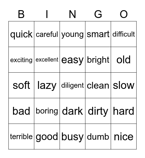 Adjectives Bingo Card