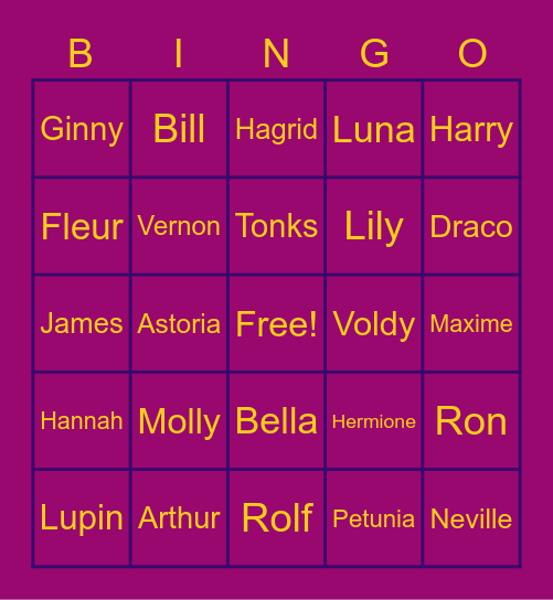 HP Couples Bingo Card