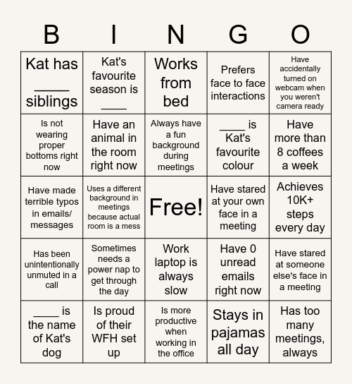 Bingo - WFH & Kat edition Bingo Card