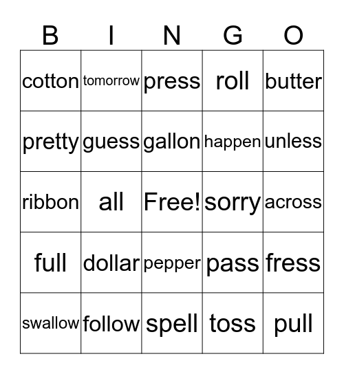 Spelling Bingo Card