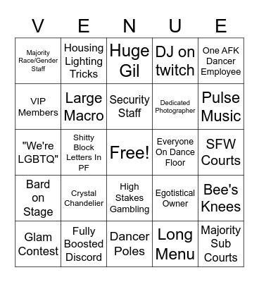 AFK Venue Bingo Card