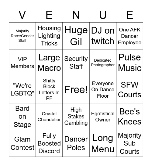 AFK Venue Bingo Card