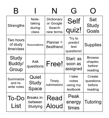 Study Skills Bingo! Bingo Card