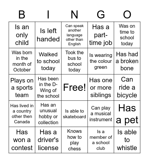 Our class consists of individuals with special talents, interest, and backgrounds.  As you move around and talk to your classmates, find people that meet the description in each box and get them to sign it.  Only one person can sign once per sheet. Bingo Card