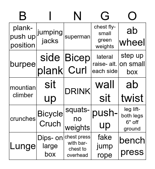 Weight Room Bingo Card