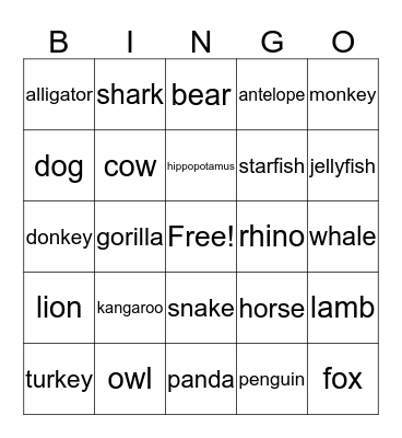 Animal Bingo Card