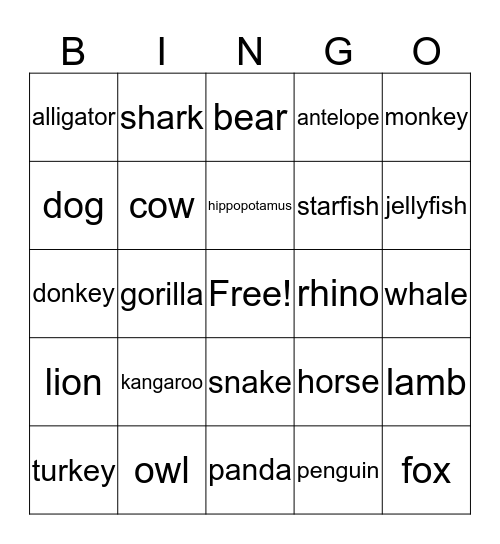 Animal Bingo Card