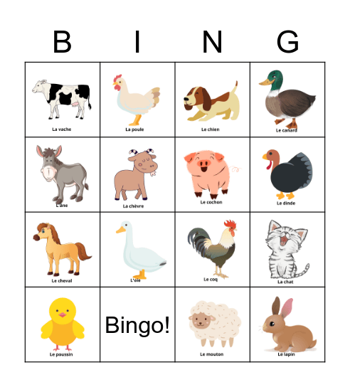 Animaux de la ferme Bingo Card