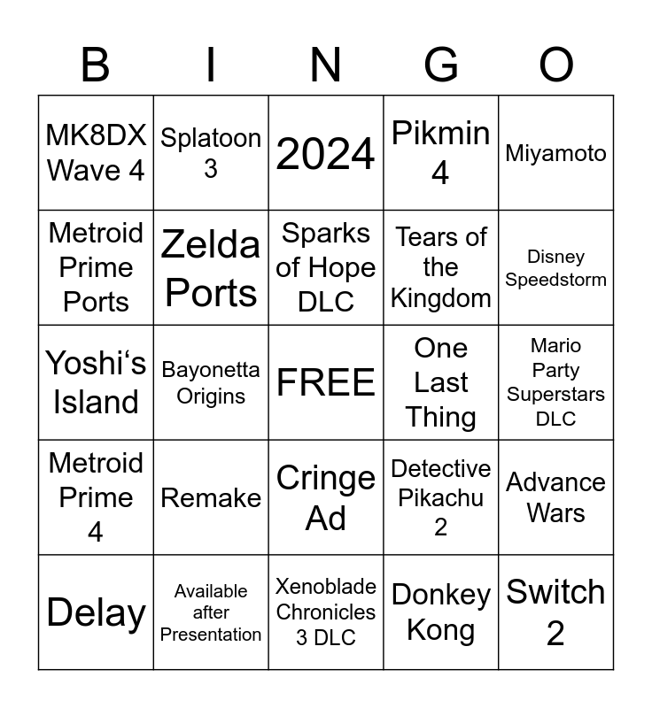 Nintendo Direct February 2023 Bingo Card
