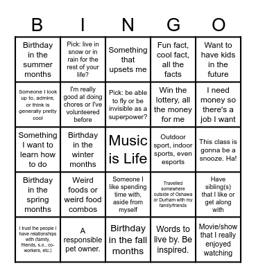 Class Intro BINGO Card