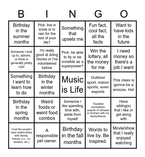 Class Intro BINGO Card