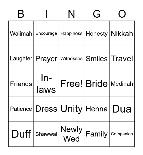 Marriage Bingo Card