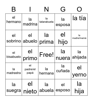 Spanish Family Members Bingo Card