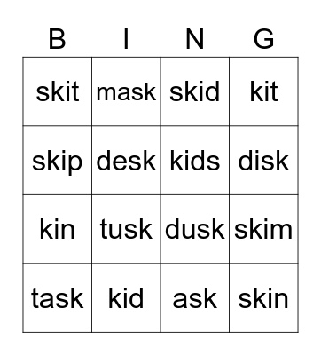 k sound Lesson 22 Bingo Card