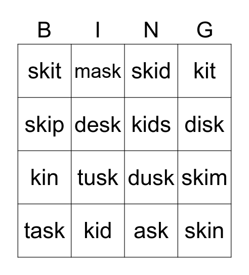 k sound Lesson 22 Bingo Card