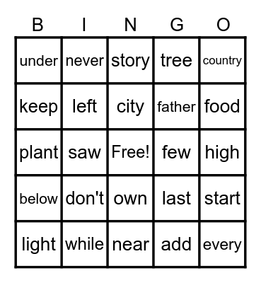 Sight Words Bingo Card