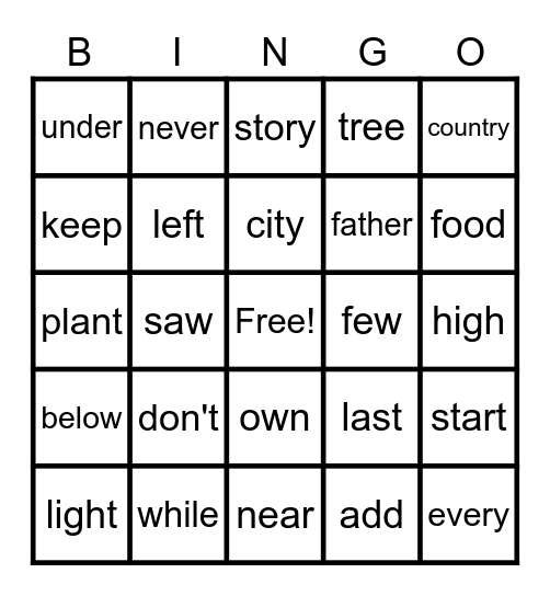 Sight Words Bingo Card