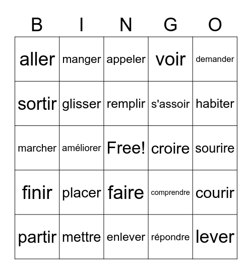 Les verbes communs en français Bingo Card