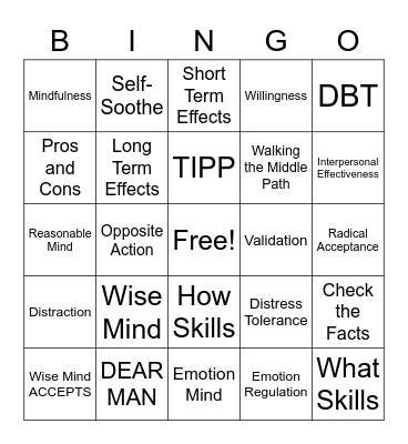 DBT Skills Bingo! Bingo Card